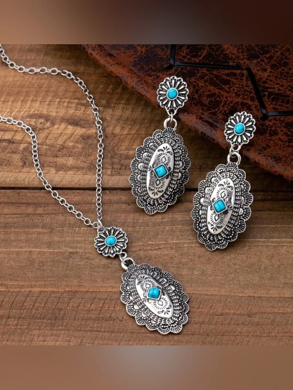 Western Set Turquoise Accent Silver-Tone Pendant Necklace & Earrings Set